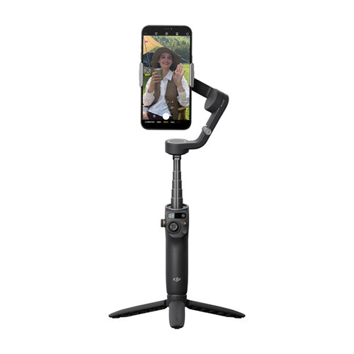 DJI Osmo Mobile 6 Smartphone Gimbal, black in color, with a smartphone attached on it, displayed on a white background.