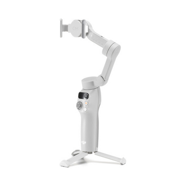 A white DJI Osmo Mobile 7 Smartphone Gimbal with an extended arm and a clamp for the smartphone.