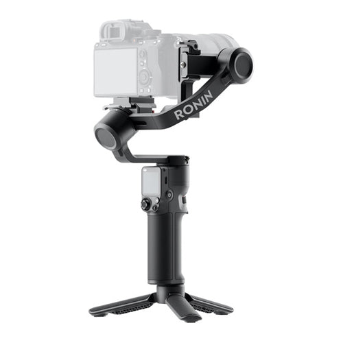 DJI RS3 Mini Gimbal Stabilizer with a camera mounted on it, displayed in a vertical position with the brand name visible on the stabilizer.