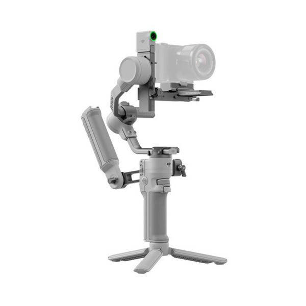 A handheld camera/smartphone gimbal stabilizer with a gray body, extended grip, and tripod base, designed for use with electronic devices for video making.