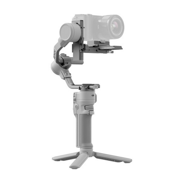 A DJI RS4 Mini Handheld Gimbal Stabilizer with a camera mounted on top, displayed in a vertical position with the stabilizer's handles and controls visible.