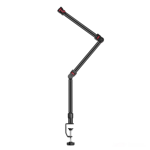 A black desktop stand with a C-clamp base and adjustable arms, designed to hold electronic devices such as a camera or smartphone.
