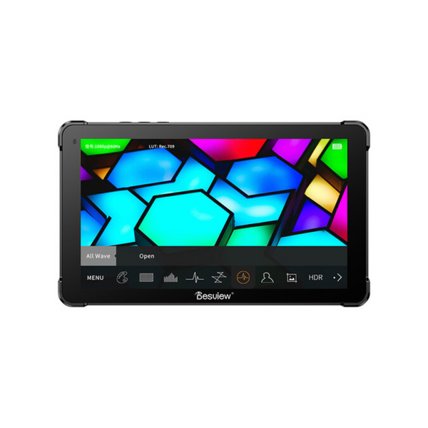 Portable device with a colorful display on a white background