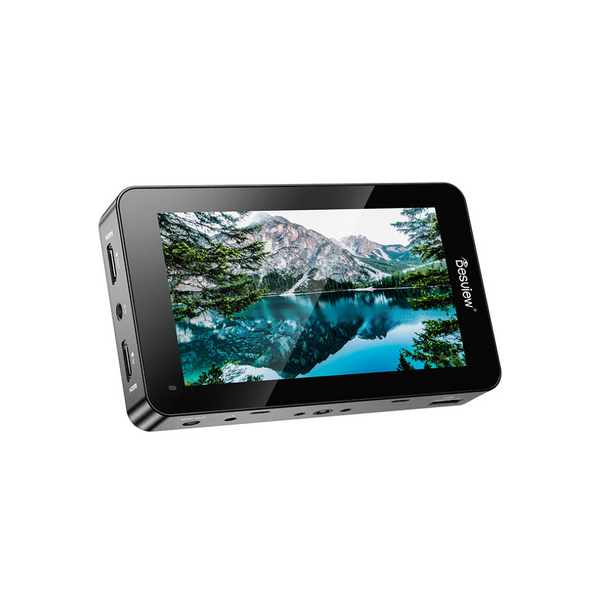 A Desview R6II Lite Monitor with a 5.5 inch screen displaying a nature scene, featuring various ports and a touchscreen interface.