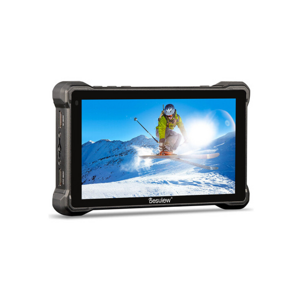 A 7-inch Desview R7S III touchscreen monitor displaying an image of a person snowboarding.