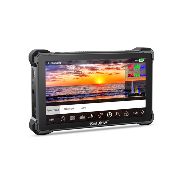 A 7-inch Desview R7 III touchscreen monitor displaying a colorful image, with visible buttons and ports including HDMI, USB, and audio jack.