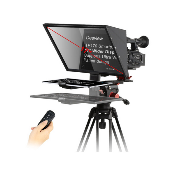 A Desview TP170 portable teleprompter set up with a black screen, mounted on a tripod, with a remote control in the foreground.