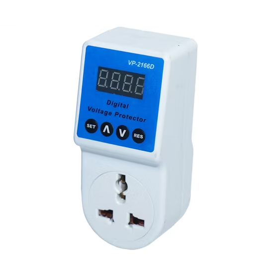 Digital voltage protector with blue display on a white background