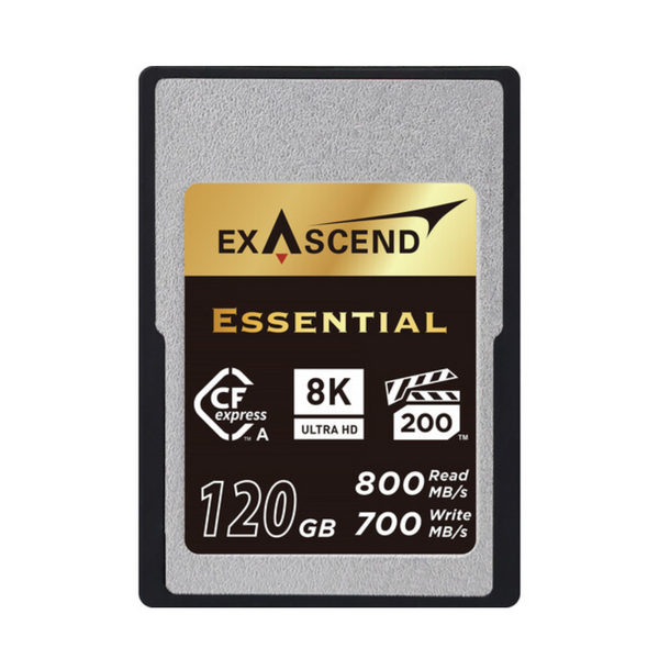 An Exascend 120GB Essential Series CFexpress Type A Memory Card with a gray and gold color scheme, indicating a storage capacity of 120GB and read/write speeds.