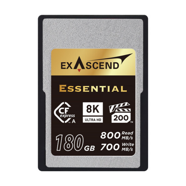 An Exascend 180GB Essential Series CFexpress Type A Memory Card with a gray and gold color scheme.
