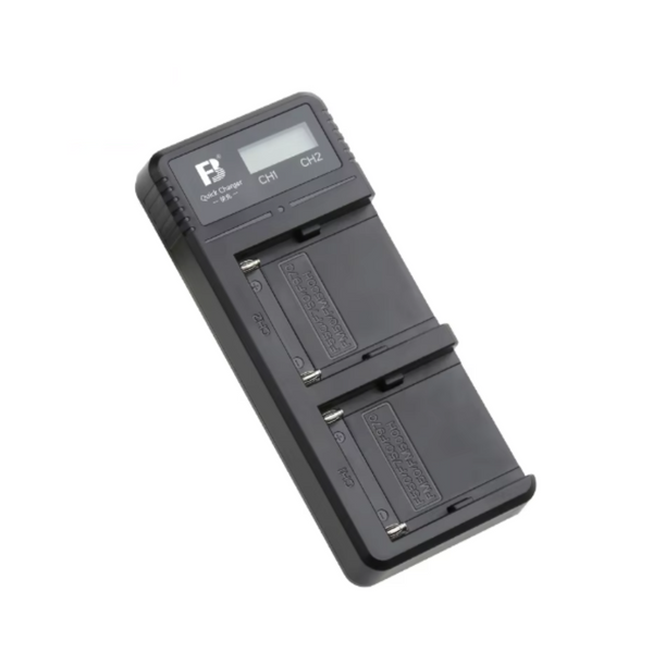 A black FB NP-F970 dual slot battery charger for Sony cameras.