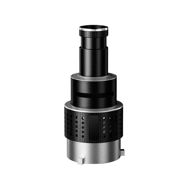 A black focusing lens condenser with a metallic base and a pistol size shaped ball head.