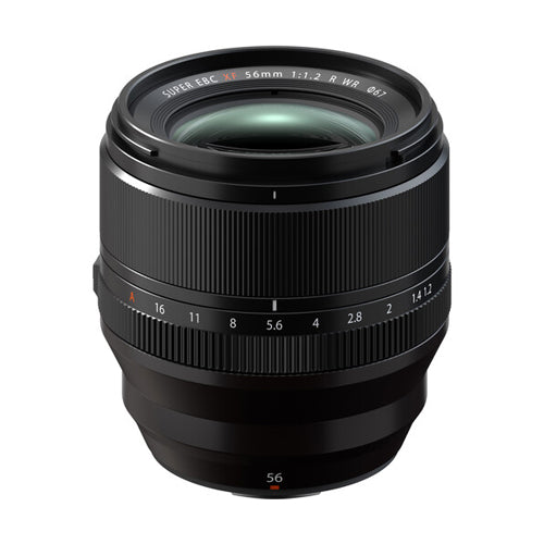 A black FUJIFILM XF 56mm f/1.2 R WR lens with focus and zoom rings visible.