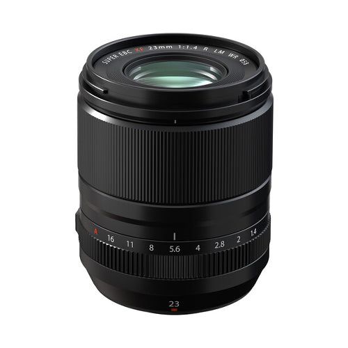 A black FUJIFILM XF 23mm f/1.4 R LM WR lens with focal length markings and a visible mount.