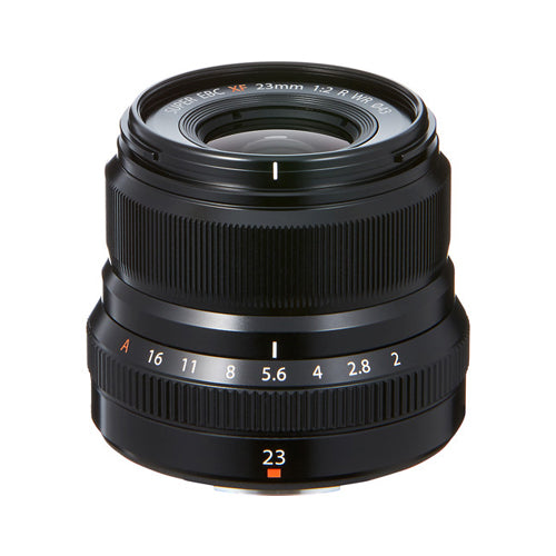A black FUJIFILM XF 23mm f2 R WR lens with focus and zoom rings visible.