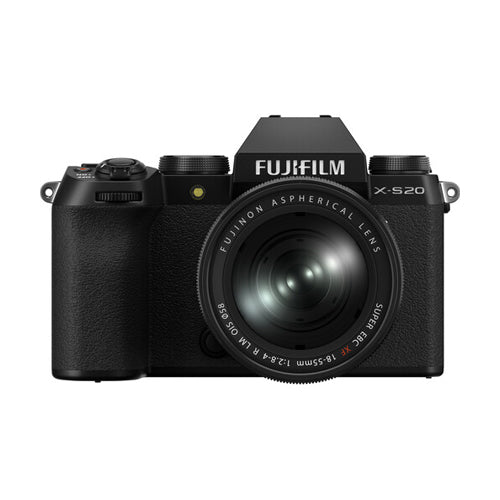 FUJIFILM X-S20 Mirrorless Camera with a black exterior, an aspherical lens, and a viewfinder.