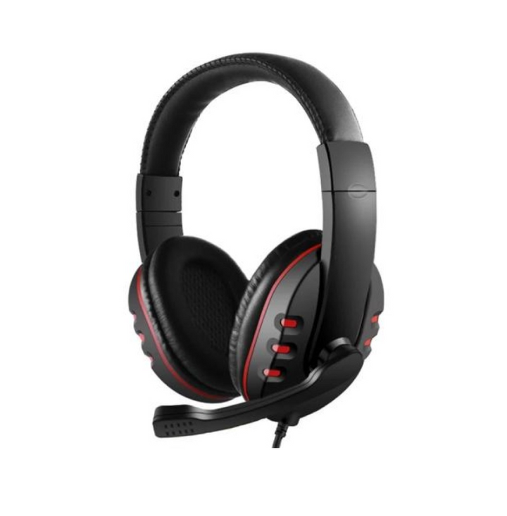 Black gaming headset with red accents on a white background