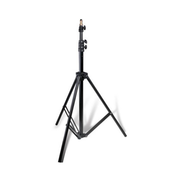 A black light stand with three braced legs and a central attachment point for photographers' equipment.