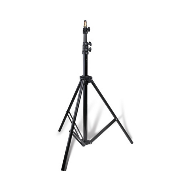 A black light stand with three braced legs and a central attachment point for photographers' equipment.