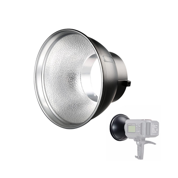 Godox standard reflector dish for studio lighting, with a diameter of 7 inches and a depth of 5 inches, featuring a metal construction with a Bowens mount, displayed alongside a mounting bracket.