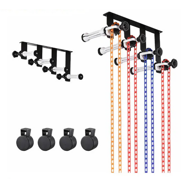 A Godox B-4W Background Stand with four bars, featuring counterbalanced chain and gear instruments for raising and lowering the backgrounds. The stand is designed for studio use, conserving space and safety.