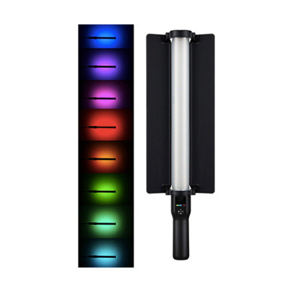 Godox LC500R RGB LED Light Stick, showing the light stick on a stand and the different color options it offers.
