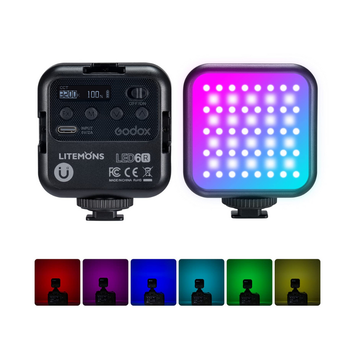 Godox Litemons 6R RGB LED Video Light with a display panel, showing various color modes available.