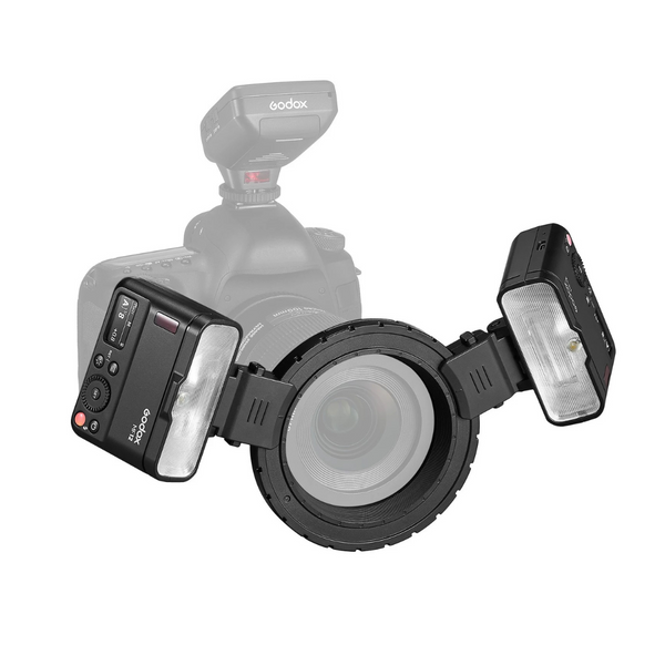 Godox MF12 Macro Flash 2-Light Kit, consisting of a camera flash unit with two additional light-emitting diodes, mounted on a camera.