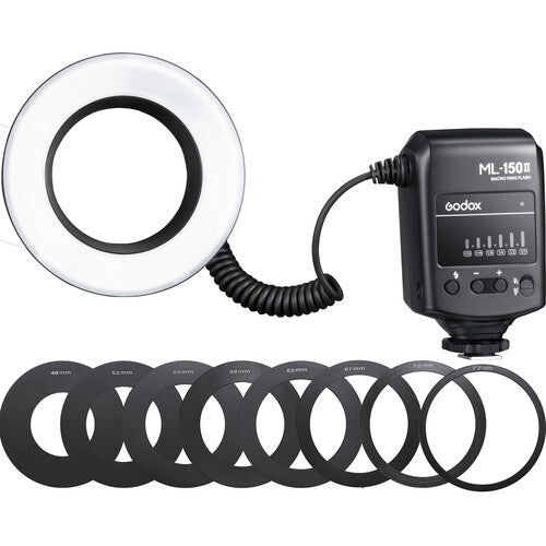 Godox ML-150 II Macro Ring Flash with a clear ring, black adapter rings, and a digital control unit.