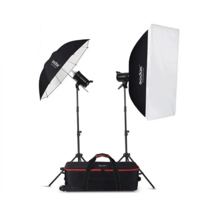 Godox MS300 Studio Flash Kit with two 300Ws Strobes on stands, a carrying case, an umbrella, and a softbox.