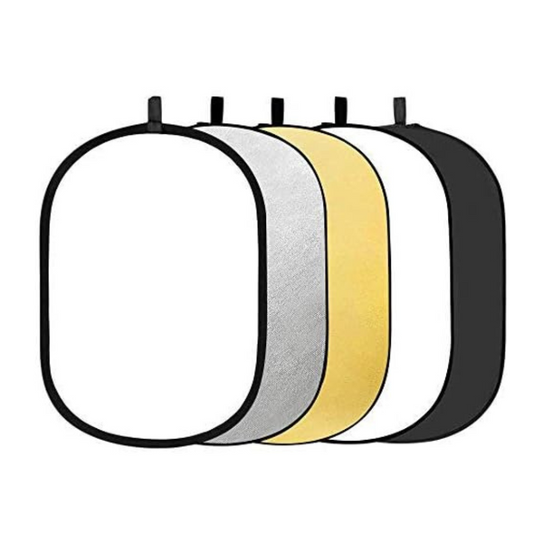 A 5-in-1 Godox reflector with silver, gold, black, white, and translucent surfaces, shown in an open position.