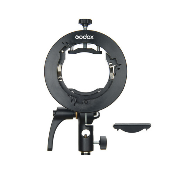 A black Godox S2 Speedlite Bracket designed for Bowens mounting systems, featuring a non-scratch mounting ring and touch-fasteners.