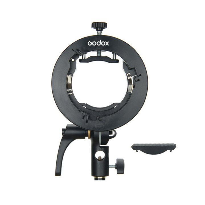 A black Godox S2 Speedlite Bracket designed for Bowens mounting systems, featuring a non-scratch mounting ring and touch-fasteners.