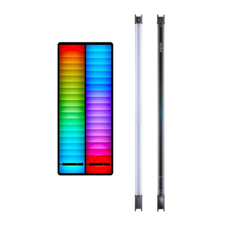 Godox TL120 RGB LED Tube Light displayed with its color spectrum range on the left and the tube light in white color on the right.