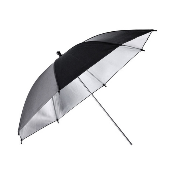 A silver umbrella with a black interior, designed for light shaping and softening photographic lighting.