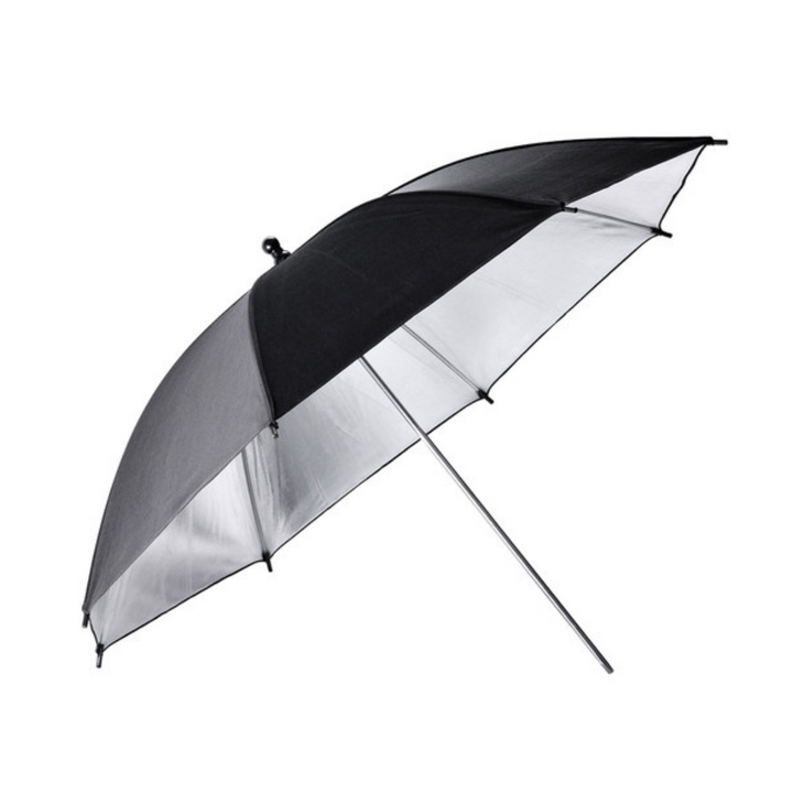 A silver umbrella with a black interior, designed for light shaping and softening photographic lighting.