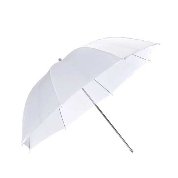 A white semi-transparent soft umbrella with an aluminum shaft, designed for light diffusion and softening.
