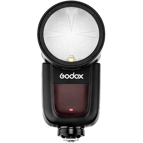 Godox V1 Flash for Canon with a round flash head, black in color, with a red panel and branding on the side.