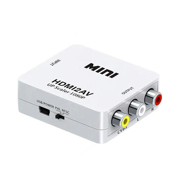 HDMI to AV converter box with RCA outputs on a white background