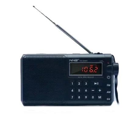 Black portable radio with digital display on a white background
