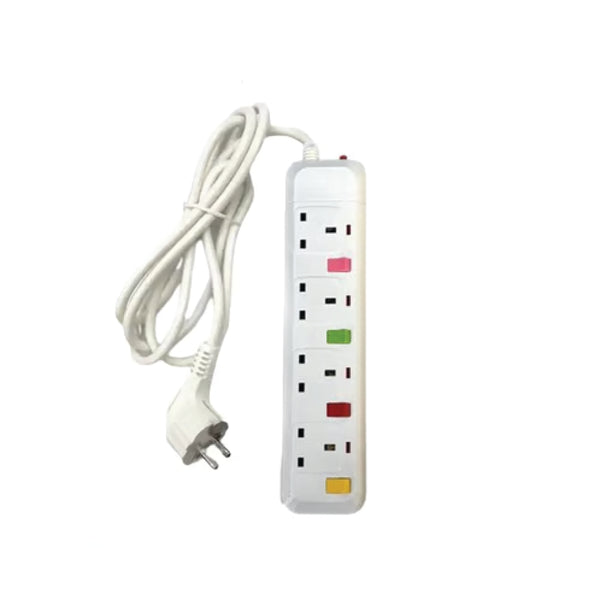 White power strip with colorful indicator lights on a white background