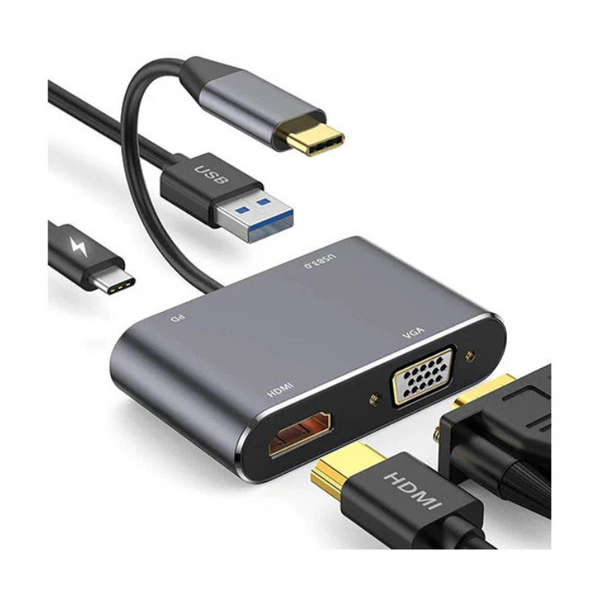 Multifunctional adapter with HDMI, VGA, and USB connectors on a white background.