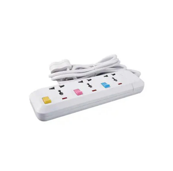 White power strip with multiple outlets on a white background