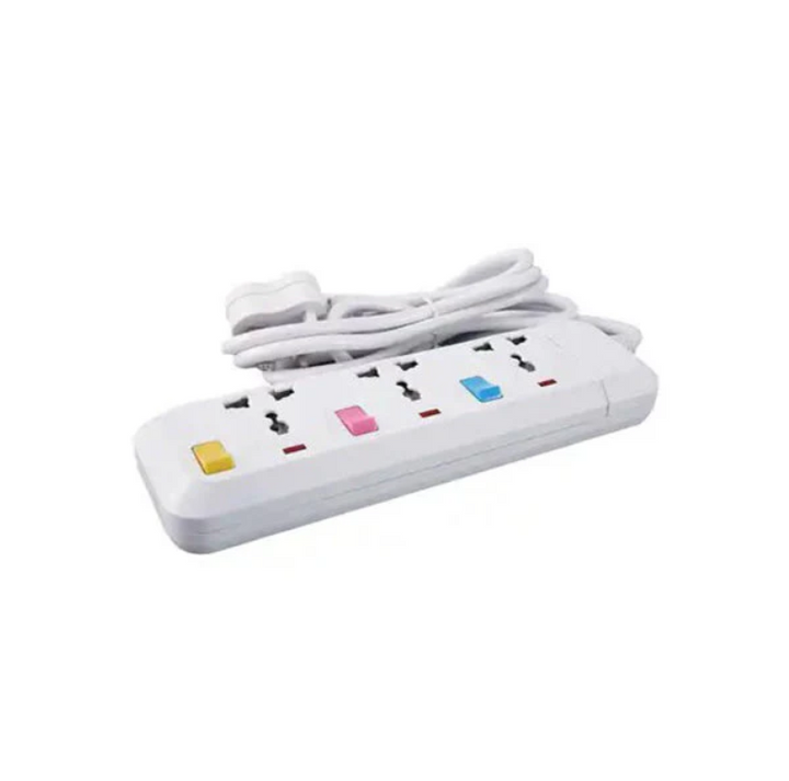 White power strip with multiple outlets on a white background