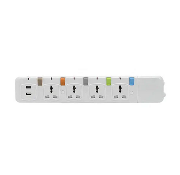 Multi-outlet strip with USB ports on a white background