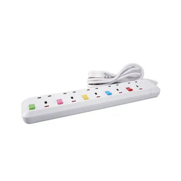 White power strip with colorful outlets on a white background