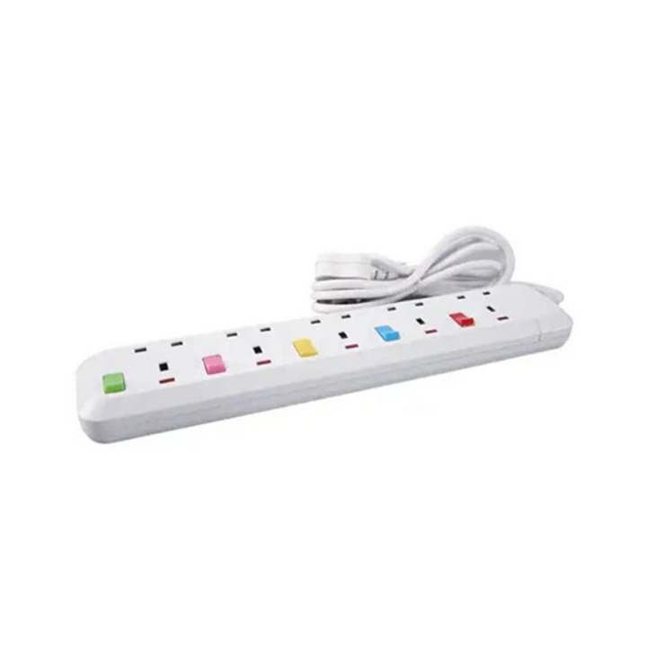 White power strip with colorful outlets on a white background