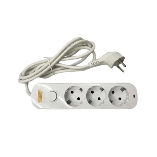 White power strip with three sockets and a coiled cable on a white background