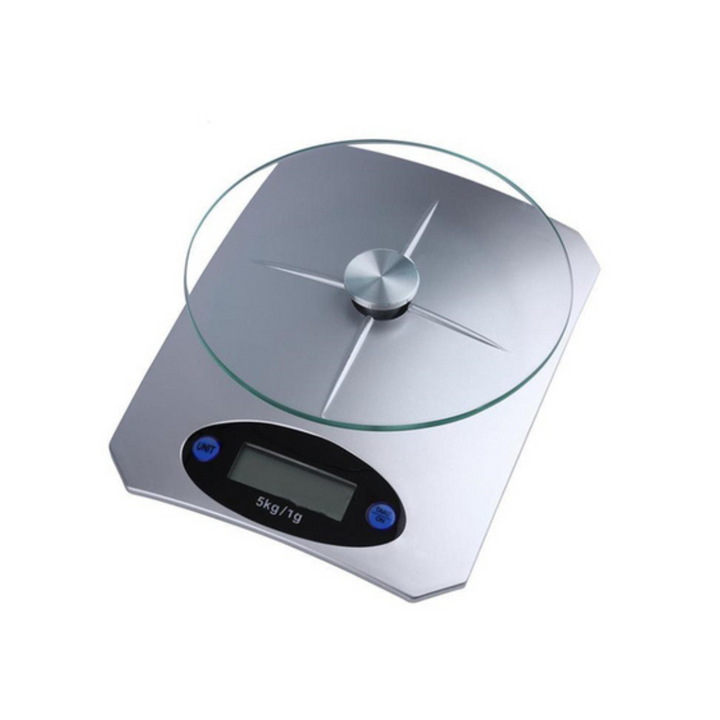 A silver electronic kitchen scale with a glass platform and a digital display, showing a weight measurement.