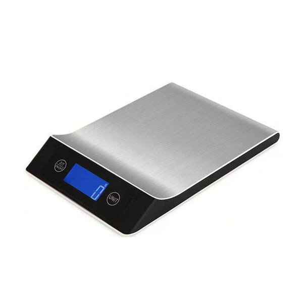 Electronic kitchen scale with a silver platform and black accents, featuring a blue digital display.